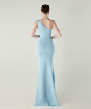 ロングドレス キャバドレス セクシー ワンショルダー サテン タイト マーメイドドレス プリーツ スリット入り 夜会 パーティー 結婚式 JC2-YEY33598