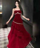 ロングドレス キャバドレス セクシー フレンチ ラインストーン キラキラ ベルベット フリル キャミソールドレス JC2-AQR6050