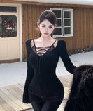 トップス レディース セクシー 長袖 レースアップ フェイクレイヤード ギャル系 クラブ JC1-WDS5645