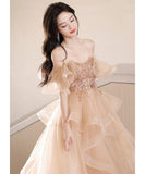 ロングドレス キャバドレス パーティードレス  チュール フレンチムード オフショルダー シャンパンカラー ステージ映え バースデー パーティー エンゲージメント JC2-ASNE201