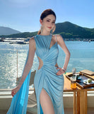 Lady's coco ロングドレス キャバドレス セクシー 肌見せデザイン カットアウト ウエスト ハイスリット ドレープ ライトブルー パーティー バースデー イベント JC2-XHY918251