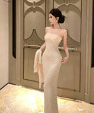 ロングドレス キャバドレス セクシー ベアトップ スパンコール ウエストマーク ショール付き バースデー パーティー JC2-DD3816