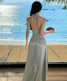 ロングドレス キャバドレス セクシー フレンチ 立体フラワー ホルターネック サテン ウエストマーク 上品 JC2-CD6-628-8100630