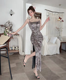 【3色】ロングドレス キャバドレス セクシー 胸元大胆 レオパード柄 ベロア素材 キャミワンピ タイトシルエット 指名 JC2-DD6330