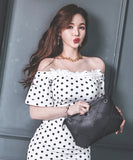 【2色】ミニドレス キャバドレス セクシー 韓国風 オフショルダー ドット柄 レース切り替え ボディコン JC2-JW3726NA71