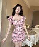 【4色】キャバドレス ミニドレス 花柄 タイトドレス セクシー 谷間見せ おしゃれ YH2-DD6348