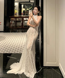 ロングドレス キャバドレス セクシー レース フリル ホルターネック バックオープン マーメイドライン パーティー JC2-XHY9895