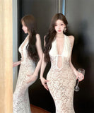 ロングドレス キャバドレス セクシー Vネック シアーレース ホルターネック ウエストマーク スリム見え タイトシルエット JC2-CD7-552-13470490