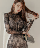 【2色】膝丈ドレス キャバドレス セクシー 韓国風 ボディコン エレガント レース スタンドカラー ハイウエスト タイト オフィスコーデ  デート JC2-ZED880377E49