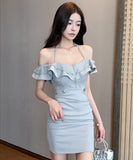 【3色】ミニドレス キャバドレス セクシー レース ローカット キャミワンピ フリル リボンストラップ 指名 JC2-YM8893