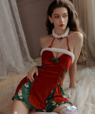 Lady's coco セクシー クリスマス風 ベロア ランジェリーセット ダイブVネック 背中開き ナイトウェア かわいいルームコスチューム LW2-GR4749