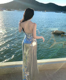 ロングドレス キャバドレス セクシー シルバー スパンコール 背中開き Vネック キラキラ 年会 二次会 JC2-XHY912609