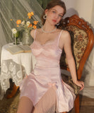 【2色】ルームウェア ランジェリー セクシー サテン ジャカード チュール シースルー Vネック バックオープン セット JC8-GR-WF6148