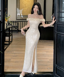 Lady's coco ロングドレス キャバドレス セクシー フレンチ オフショルダー スパンコール タイトシルエット 高見え ふわふわフェザー付き パーティー JC2-YKE450A8676