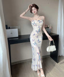 ロングドレス ホルターネック 蝶柄 セクシー 気質 背露出 名媛風 お洒落 YH2-DD6747