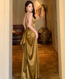 ロングドレス キャバドレス セクシー エレガント バックオープン ウエストマーク キャミワンピ ゴールド ギャザー JC2-XHY919324