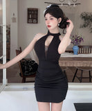 【3色】ミニドレス キャバドレス セクシー 胸元大胆 ホルターネック 肩見せ タイトシルエット 細見え パールチェーン JC2-DD6320