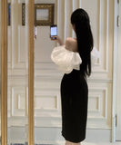 膝丈ドレス キャバドレス セクシー フレンチ ラメ入り フリル切り替え パフスリーブ オフショルダー ウエストマーク スリット入り JC2-XHY918509