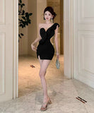 【3色】ミニドレス キャバドレス セクシー ワンショルダー フリル チェーン ボディコン フォーマル JC2-DD4038