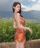 ミニドレス　小花柄ホルターネックワンピース 夏のリゾート映え・タイ風バックレスドレスHMZ7-CDYFZ6-141-92590500