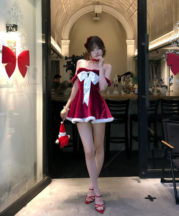 【3点セット】クリスマス 大人可愛い セクシー ビッグリボン チューブトップ レッド キラキラ ボリューム クリスマスパーティー JC2-DML73