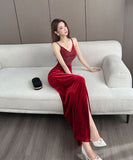 【4色】ロングドレス キャバドレス セクシー 韓国風 Vネック 細見え ベルベット キャミソール パーティー JC2-MLS7787611