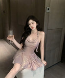 ミニドレス 光沢感 キャバドレス セクシー 着痩せ ホルターネック おしゃれ YH2-DD6890