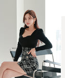 ミニドレス キャバドレス セクシー 韓国風 スクエアネック チェック切り替え タイト 長袖 小柄さん向け デートコーデ オフィスOK JC2-ZED88396A71