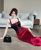 【2色】Lady's coco ロングドレス キャバドレス セクシー 韓国風 サテン 配色 フラワー装飾 スリット入り ボディコン JC2-MLS81282009