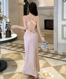 Lady's coco ロングドレス キャバドレス セクシー シャンパンピンク 調節可能 ディープV バックレス ツイストデザイン ギャザー入り 誕生日 パーティー JC2-XHY919295