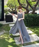 ロングドレス キャバドレス セクシー ビジュー付き Vネック バックレス キャミソール フレアシルエット プリーツ加工 バースデー JC2-XHY911117