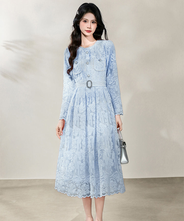 3色】ロングドレス エレガント フェミニン レース 長袖 ウエスト 3色】ロングドレス エレガント フェミニン レース 長袖 ウエスト