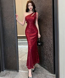 【3色】ロングドレス セクシー エレガント 気質 キラキラ 脚長効果 party 非対称 YH2-DD6665