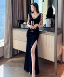 【3色】ロングドレス キャバドレス セクシー ローカット スリット入り 上品 バックオープン イブニングドレス パーティー JC2-YM9217