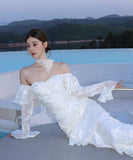 ロングドレス キャバドレス セクシー フレンチ マーメイド バタフライジャカード フリル 長袖 JC2-XHY913212