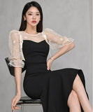 2点セット 膝丈ドレス キャバドレス エレガント パフスリーブ 気質 おしゃれ YH2-ZED88359A71