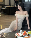 Lady's coco ロングドレス キャバドレス セクシー フレンチ オフショルダー スパンコール タイトシルエット 高見え ふわふわフェザー付き パーティー JC2-YKE450A8676