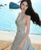 ロングドレス キャバドレス セクシー フレンチ 立体フラワー ホルターネック サテン ウエストマーク 上品 JC2-CD6-628-8100630