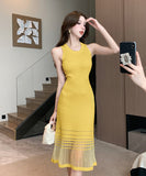 【4色】膝丈ドレス 体型カバー ニット セクシー オフショルダー 通勤 YH2-ZED886389GT510