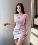 【4色】ミニドレス キャバドレス セクシー チュール切り替え Vネック スリット入り バー・クラブ JC2-YM8904