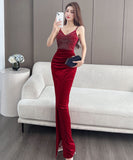 【4色】ロングドレス キャバドレス セクシー 韓国風 Vネック 細見え ベルベット キャミソール パーティー JC2-MLS7787611