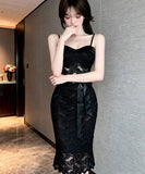 【2色】膝丈ドレス キャバドレス セクシー フレンチ レース キャミワンピ タイトフィット レースアップ JC2-DD6332