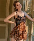 ルームウェア ランジェリー セクシー レオパード柄 シフォン レース切替 Vネック 誘惑 ベルスリーブ ガウン付きセット JC8-GR6633