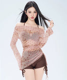 【3点セット】水着 ビキニ セクシー オフショルダー ドット柄 チュール 細見え ギャザー 長袖 ビーチ 温泉 JC7-KSD2639