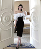 膝丈ドレス キャバドレス セクシー フレンチ ラメ入り フリル切り替え パフスリーブ オフショルダー ウエストマーク スリット入り JC2-XHY918509