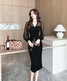 膝丈ドレス キャバドレス セクシー レトロ風 長袖 チュール スパンコール ベルベット スリット入り ボディコン JC2-WDS5570