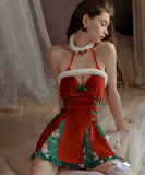 Lady's coco セクシー クリスマス風 ベロア ランジェリーセット ダイブVネック 背中開き ナイトウェア かわいいルームコスチューム LW2-GR4749