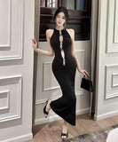 ロングドレス キャバドレス セクシー ノースリーブ カットアウト 細見え フリンジ ラインストーン ボディコン パーティー JC2-JW8372DXH417