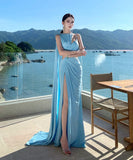 Lady's coco ロングドレス キャバドレス セクシー 肌見せデザイン カットアウト ウエスト ハイスリット ドレープ ライトブルー パーティー バースデー イベント JC2-XHY918251