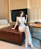 ロングドレス キャバドレス セクシー Vネック シアーレース ホルターネック ウエストマーク スリム見え タイトシルエット JC2-CD7-552-13470490